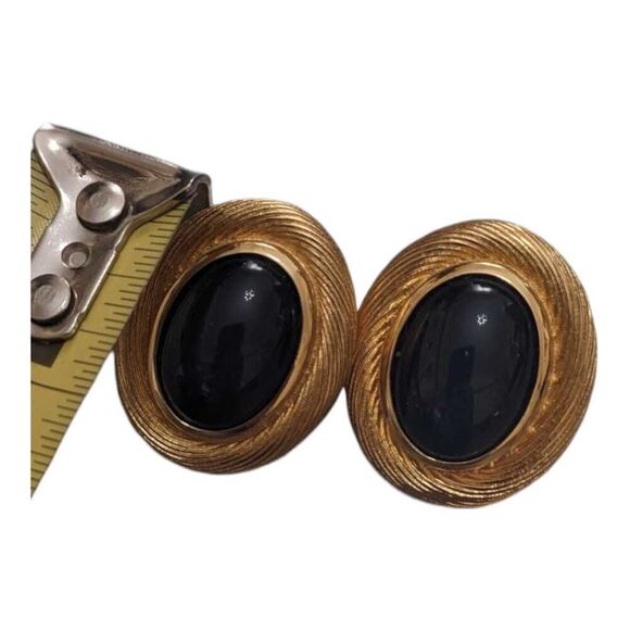 Vintage Classic Christian Dior Gold/Black Oval Faux Onyx Pierced Earrings‎ - Picture 5 of 5